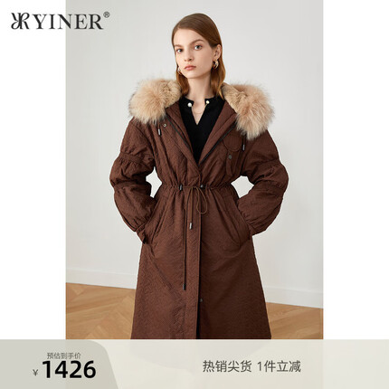 YINER音儿女装冬季中长款防风貉子毛领保暖兔毛派克服 咖啡色 42