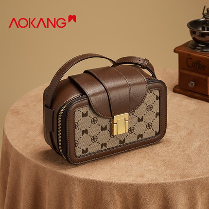 奥康（Aokang）包包女包女士新款百搭大容量小方包高颜值印花复古单肩包 乌木色