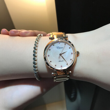 西亚尼全自动机械表 女士手表 女表镶钻镂空精钢真皮带个性时尚商务防水潮流品牌腕表 金白 CIRNI