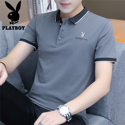 花花公子(PLAYBOY)T恤男短袖夏季修身polo打底衫男士透气上衣男装 深灰色 XL