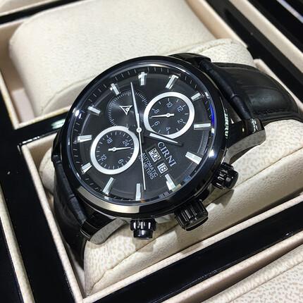 西亚尼全自动机械表男士手表运动男表防水多功能时尚学生真皮带腕表 黑壳黑面皮带 CIRNI