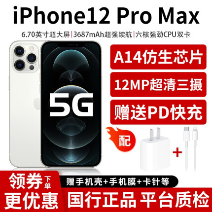 Apple 苹果12 Pro Max二手手机 iPhone12Pro Max 5G全网通双卡双待国行 银色【赠送PD快充充电器】 128G 95新