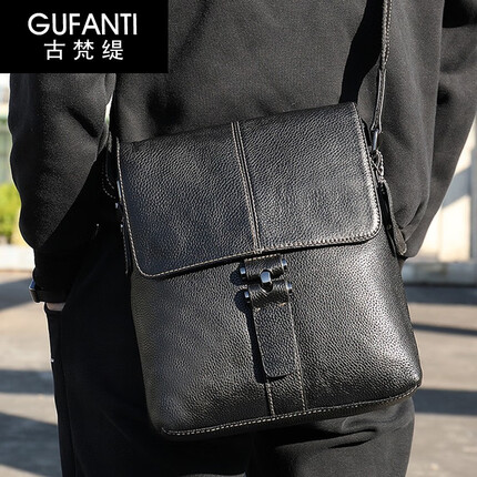 古梵缇单肩包男 竖款头层牛皮单肩包男 复古休闲翻盖式办公男包gftx-9 黑色 GUFANTI