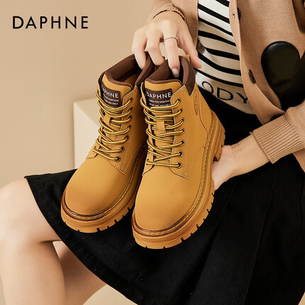 达芙妮真皮马丁靴女靴子2023年秋冬新款英伦休闲厚底大黄蜂女短筒靴女靴 黄色 39