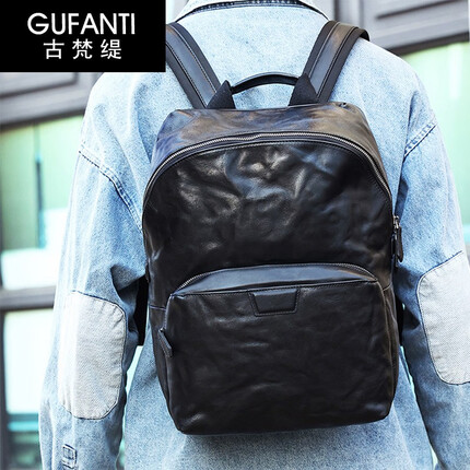 古梵缇双肩包男 大容量头层牛皮休闲电脑背包男时尚潮流旅行包gftx-100 黑色 30*16*38CM GUFANTI