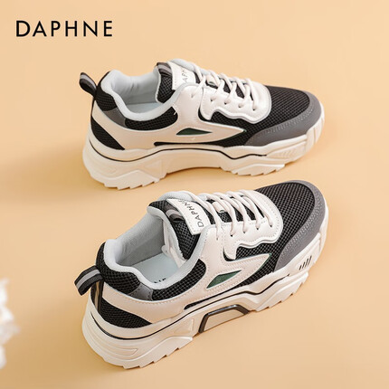 达芙妮(DAPHNE)女鞋老爹鞋女2023新款春夏韩版百搭运动鞋ins潮厚底休闲鞋跑步鞋 米黑色 36