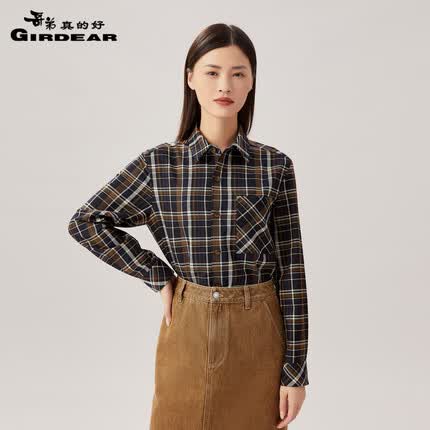 哥弟真的好女装通勤复古格纹POLO领衬衫上衣女8300134 蓝咖格纹 S(2码)