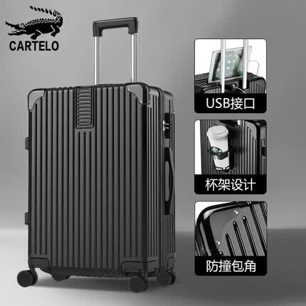 卡帝乐鳄鱼行李箱拉杆箱铝框旅行箱万向轮女男大容量密码箱耐磨皮箱旅行皮箱 黑色/升级防刮拉链款 24英寸/单人上学出差/送赠品