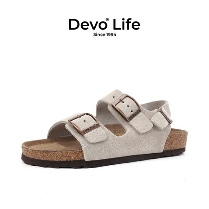 Devo LifeDevo/的沃软木凉鞋女休闲平跟搭扣时尚休闲反绒绒面情侣凉拖2627 灰色反绒皮 男女款,36 偏大一码