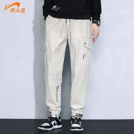 贵人鸟 休闲裤男秋冬季潮流宽松男裤时尚保暖纯色束脚长裤运动舒适男装腰系带裤子 卡其色 L