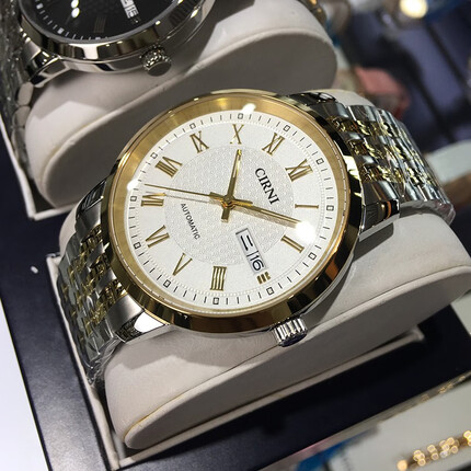 西亚尼手表男全自动机械潮商务新款表腕表罗马钢带男士男表品牌防水 黄白男款 CIRNI