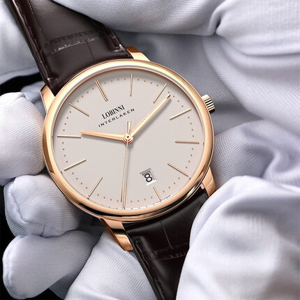 罗宾尼（LOBINNI）手表男士全自动机械表超薄皮带商务休闲防水瑞士风格腕表12028 【人气单品】红金玉白棕皮