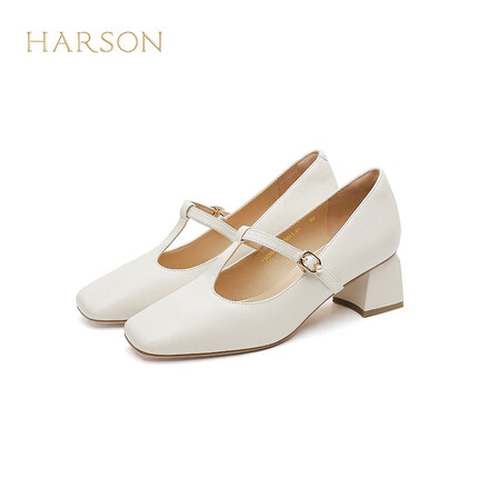 哈森（Harson）哈森2023春季新款通勤粗跟方头搭扣女鞋纯色满邦高跟单鞋HS226607 珍珠白色 36