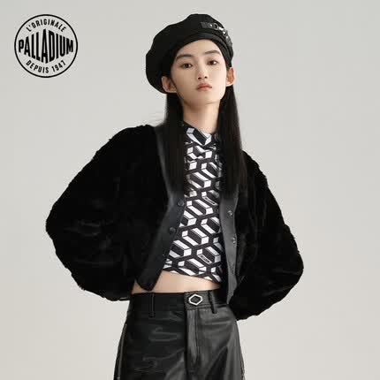 帕拉丁(PALLADIUM)秋冬新款夹克仿皮草外套PU拼接女子保暖外套 197395-008-黑色 M