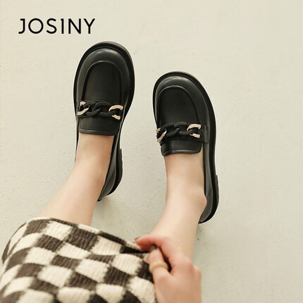 卓诗尼单鞋女休闲百搭潮ins英伦风平底乐福鞋链条黑色小皮鞋圆头浅口女鞋 黑色 36