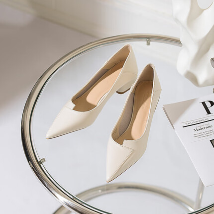 艾斯臣（ACESC）春秋季时尚百搭女士单鞋法式尖头一脚蹬粗跟女鞋子J0EJE 米色 37 