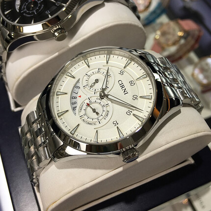 西亚尼男士手表全自动机械表品牌时尚防水镂空精钢带男表新款时尚商务腕表 白面钢带 CIRNI