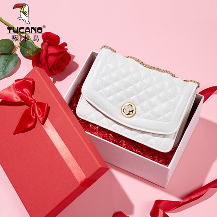 啄木鸟（TUCANO）单肩包女百搭菱格链条包小香风斜挎女士包包实用礼物女朋友 米白礼盒装