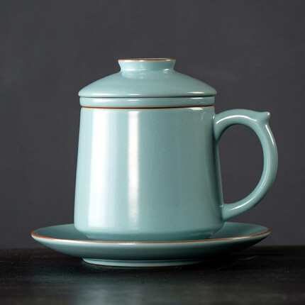 宜杯子 汝窑茶杯办公室茶杯茶水分离泡茶杯陶瓷带盖过滤个人杯天青色开片可养汝瓷带杯垫礼物 汝窑青韵办公杯