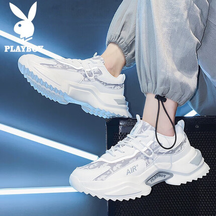 花花公子(PLAYBOY)老爹鞋男鞋2023秋冬季鞋子男时尚休闲鞋男款厚底增高鞋 白灰 42