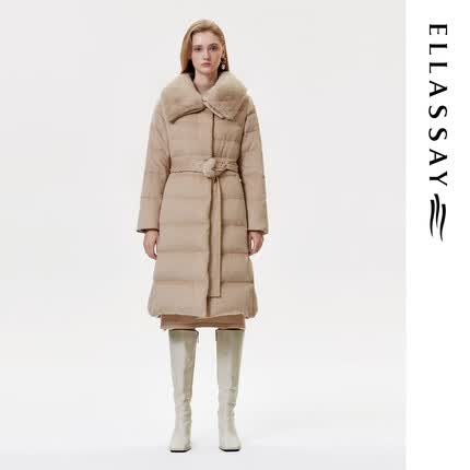 歌力思（ELLASSAY）秋冬新款可拆卸水貂翻领驼绒简约纯色羽绒服女EWE324L02900 香槟杏 L