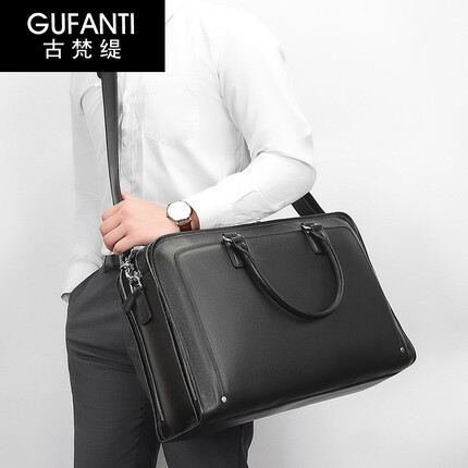 古梵缇商务公文包男 大容量头层牛皮手提包单肩挎包电脑包15.6吋公文包gftx-48 黑色 可装15.6英寸电脑