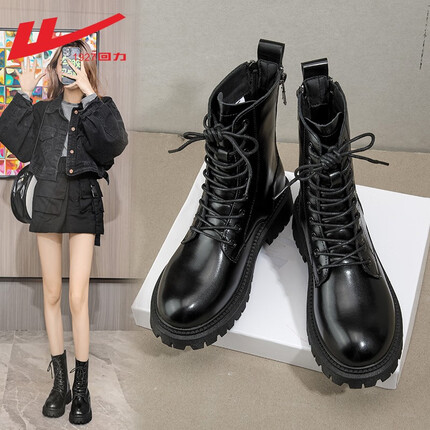 回力马丁靴女棉鞋冬加绒保暖短靴百搭休闲鞋英伦风高帮厚底靴子女 黑色WBN042001 36