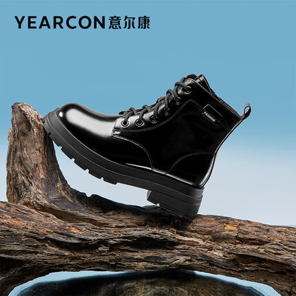 意尔康女鞋加绒保暖棉靴系带英伦风皮靴潮流百搭马丁靴 32510W 黑色 38 