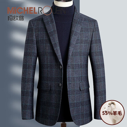 玛欧璐 高端品牌西装男秋季羊毛休闲西服男士毛呢小西装格子商务单西外套男 格子 175/L
