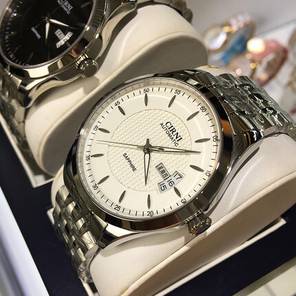 西亚尼手表 男士防水时尚新款机械表全自动镂空潮流精钢复古商务男表 白面钢带 CIRNI