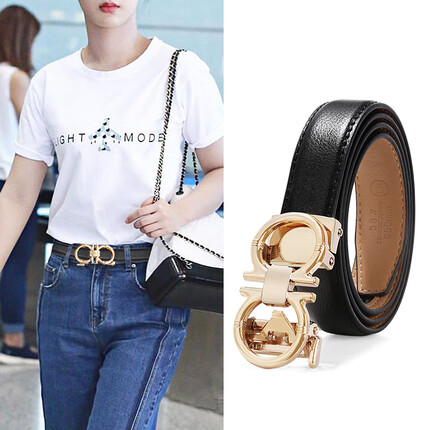 啄木鸟（TUCANO）皮带女牛皮双环自动扣女士皮带潮流百搭时尚女式裤腰带女 WDB0434A-90B0黑色