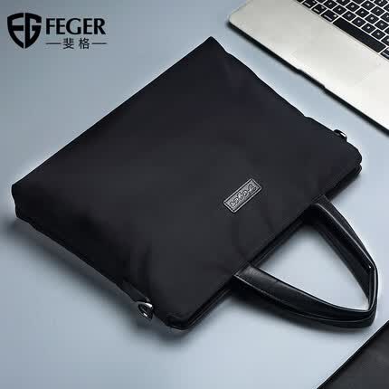 斐格男士手提包商务公文包男牛津布大容量电脑包休闲男包公务文件提包 简约黑(标准版) 横款