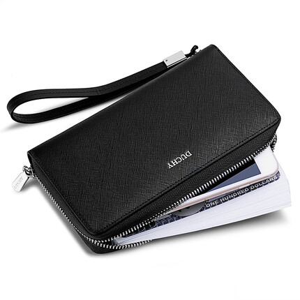 【送礼佳品】DUCHY帝驰 男士手包大容量手拿包真皮男款钱包商务卡包送男友送父亲生日礼物 黑色-十字纹