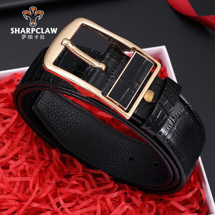 萨帕卡拉品牌针扣皮带男牛皮时尚休闲腰带百搭中青年裤腰带高档礼盒装 黑色金扣 125