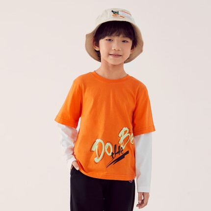 小猪班纳童装2023春装新款儿童圆领上衣中大童男童长袖T恤休闲潮 橙红C 140cm