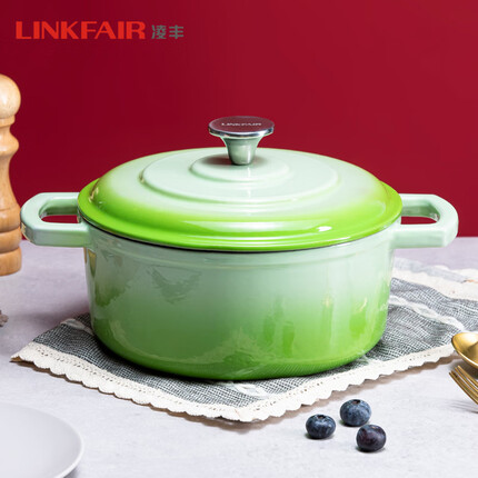 凌丰(LINKFAIR)铸铁珐琅煲汤锅家用双耳焖焗锅平底炖煮锅 22cm/3.6L【活动】 仙踪绿