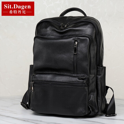 希特丹尼 双肩包男真皮背包休闲头层牛皮韩版潮流旅行15英寸电脑包学生书包 黑色
