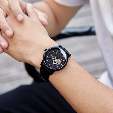 西亚尼手表男大表盘机械手表全自动镂空十大机械表瑞士品质品牌男士腕表 皮全黑 CIRNI