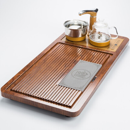祥业茶盘功夫茶盘茶具托盘家用科技木茶台简约客厅现代四合一整套托盘 鸿福花梨纹茶盘+全自动玻璃电茶炉