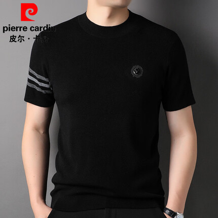 皮尔卡丹t恤男短袖圆领针织衫春秋羊毛打底衫中青年修身内搭上衣 黑色 L 