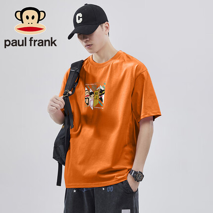 大嘴猴短袖t恤男士半截袖衣服男2023夏纯棉宽松学生青年情侣橙红色XL（paul frank）