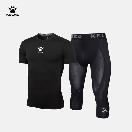 KELME /卡尔美健身套装男紧身足球训练短袖吸湿排汗T恤七分裤篮球内搭打底衫套装 黑色 XL