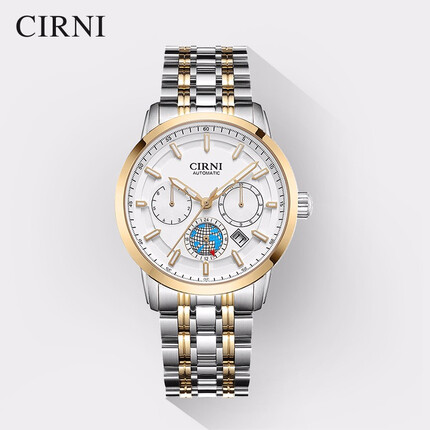 西亚尼手表 男 全自动机械表男士手表多功能防水六针运动时尚男表腕表新品 黄白钢带 CIRNI