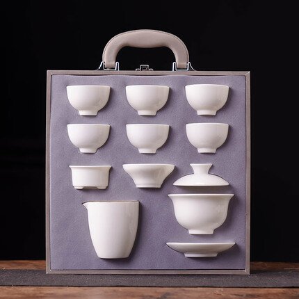 静瓷斋德化白瓷羊脂玉茶具送礼套装 西施壶盖碗整套茶具 高档手提礼盒 描金羊脂玉盖碗9头-灰色礼盒
