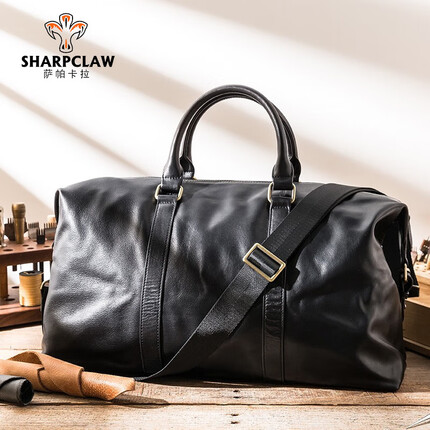萨帕卡拉品牌手提出差旅行包头层牛皮大容量单肩斜挎包休闲运动健身包 黑色 46*32*22cm
