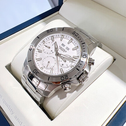 卡罗莱（CALUOLA）2023年新款手表男全自动机械表防水钢带经典多功能男士手表 白面钢带