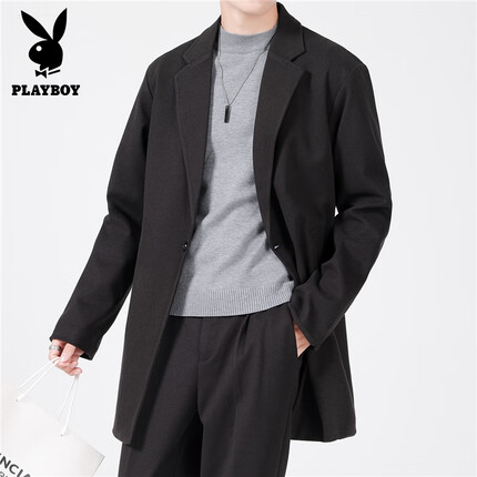 花花公子(PLAYBOY)毛呢大衣男秋冬季韩版潮流呢子外套男士中长款翻领上衣抗皱免烫时尚男装 黑色 3XL