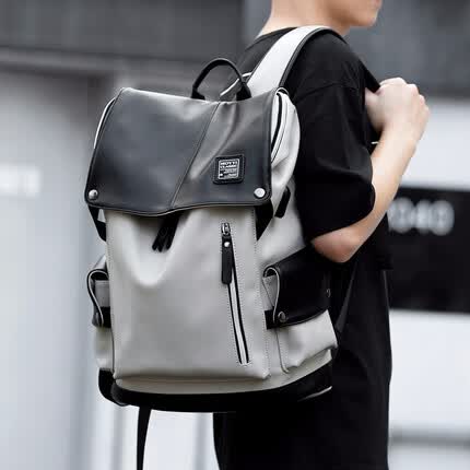 梵者韩版潮牌双肩包男士背包休闲旅行电脑包高中大学生书包男女潮流皮 拉链充电款黑白色