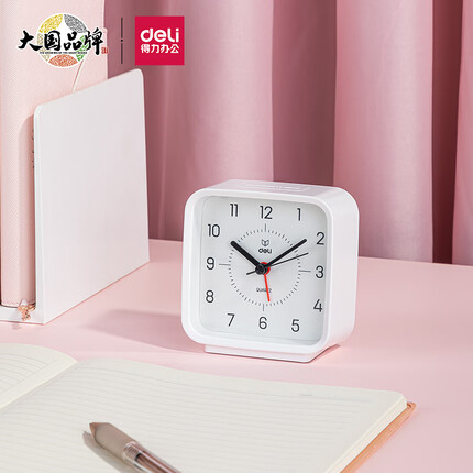得力方形指针式闹钟 简约风柔光夜灯 卧室床头方形台式钟 白色8851（deli）