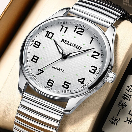 瑜品佳 老人手表男中老年人女机械风大数字对表夫妻爸爸妈妈款防水石英 老年人手表【弹簧钢带】